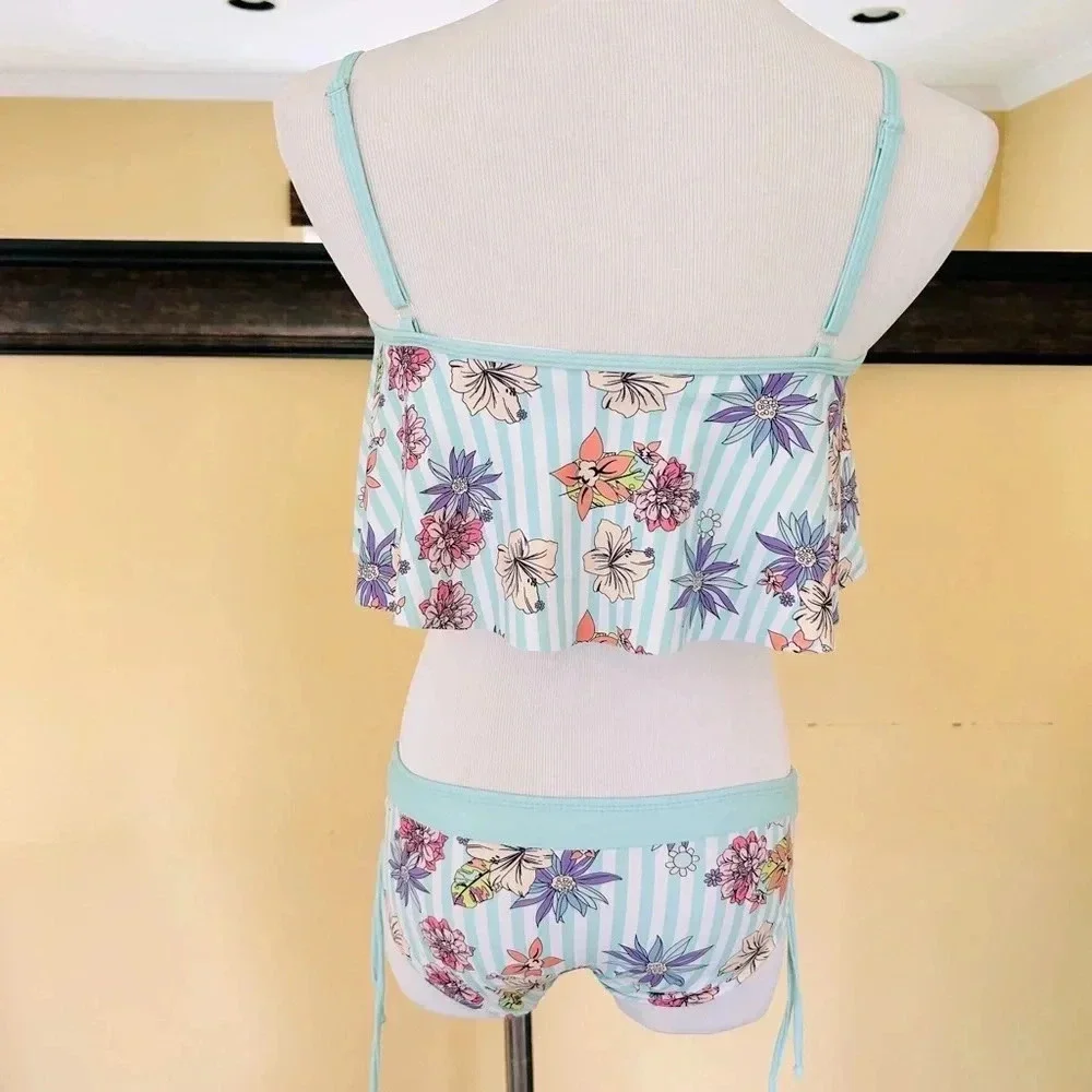 Limeapple Girls Ruffle Square Neck Bikini Swim Set Floral Stripe 16 EUC